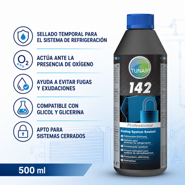 TUNAP MP 142 Tapafugas 500 ml para sistemas de refrigeración, sellado temporal compatible con glicol y glicerina.