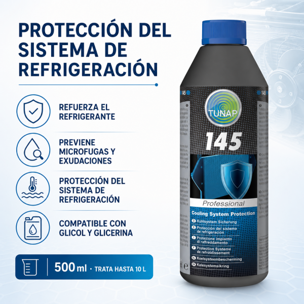 Modo de empleo de TUNAP MP 145 para proteger el sistema de refrigeración y prevenir microfugas en circuitos de hasta 10 litros