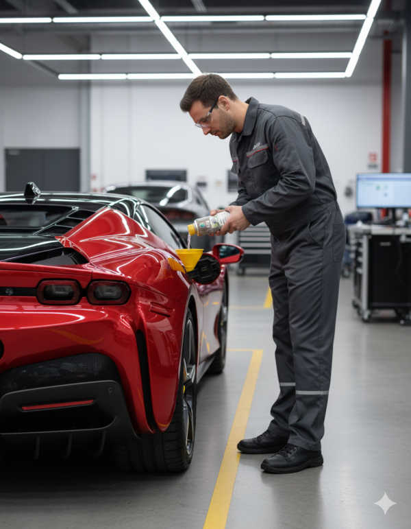 Uso profesional garantizado: Un técnico aplicando TUNAP 978 para la descarbonización profunda y la protección contra el fenómeno LSPI en motores de alta eficiencia.