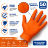 Infografía de guante de nitrilo diamantado naranja con detalle de textura, agarre reforzado, sin polvo y aplicaciones en automoción, industria, mantenimiento y limpieza.