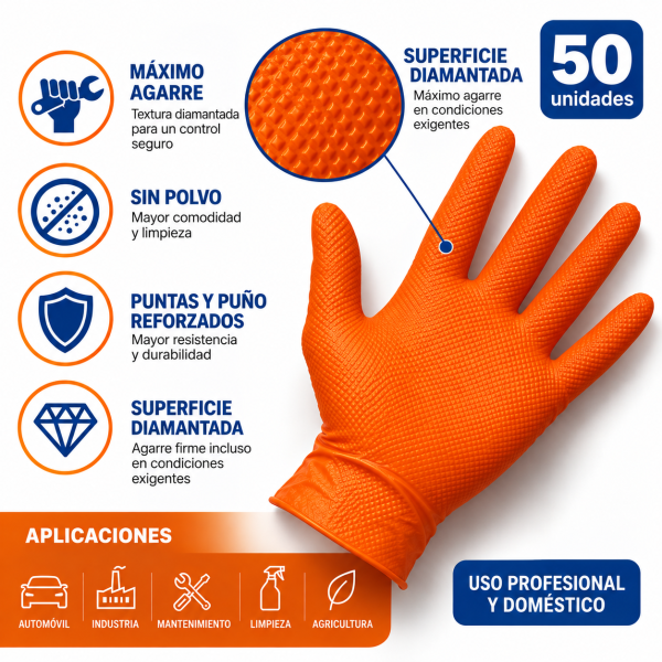Infografía de guante de nitrilo diamantado naranja con detalle de textura, agarre reforzado, sin polvo y aplicaciones en automoción, industria, mantenimiento y limpieza.