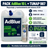 Infografía del pack AdBlue 10 litros y TUNAP 987 de 250 ml, con dosificación de 25 ml de aditivo por cada 10 litros de AdBlue.
