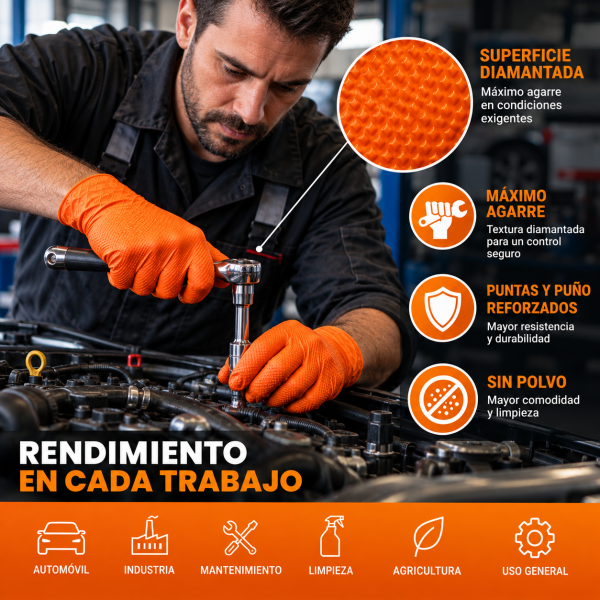 Mecánico trabajando en un motor con guantes de nitrilo diamantado naranja RecOficial, resistentes, sin polvo y de alto agarre para automoción y mantenimiento.