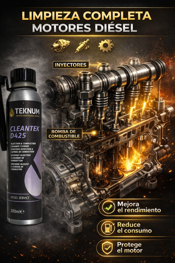 Limpieza completa del sistema diésel Elimina depósitos en inyectores, bomba y cámara de combustión Mejora el rendimiento y reduce el consumo Protección avanzada del motor