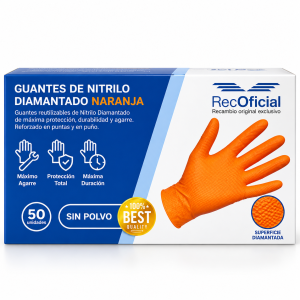 Caja de 50 guantes de nitrilo diamantado naranja RecOficial sin polvo, con superficie de alto agarre y puño reforzado.