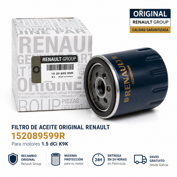 Infografía del filtro de aceite original Renault 152089599R para motores 1.5 dCi K9K, con características, protección del motor y compatibilidad por bastidor