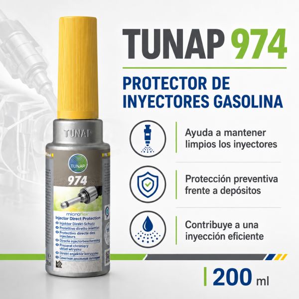 TUNAP microflex 974 de 200 ml, protector preventivo para inyectores gasolina que ayuda a mantenerlos limpios y favorece una inyección eficiente.