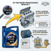 nfografía técnica de Recambios Via Line del Kit de Revisión Profesional para Renault. Se muestra una garrafa de aceite ELF Evolution Full-Tech FE 5W-30 con norma RN0720 y un filtro de aceite original Renault (referencia 152089599R). Incluye pasos de mantenimiento: verter aceite nuevo y cambiar filtro original cada 20.000 km o 1 año.