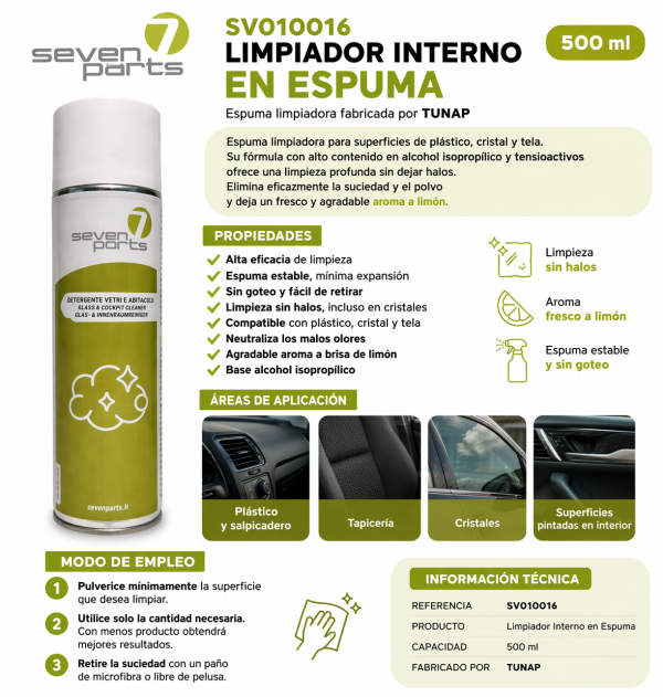 infografia Seven Parts espuma limpiadora 400 ml Power by Tunap para plástico cristal y tela