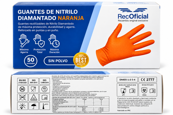 Detalle de guante de nitrilo diamantado naranja RecOficial, con textura de alto agarre, sin polvo y puño reforzado para trabajos de taller, industria y mantenimiento.