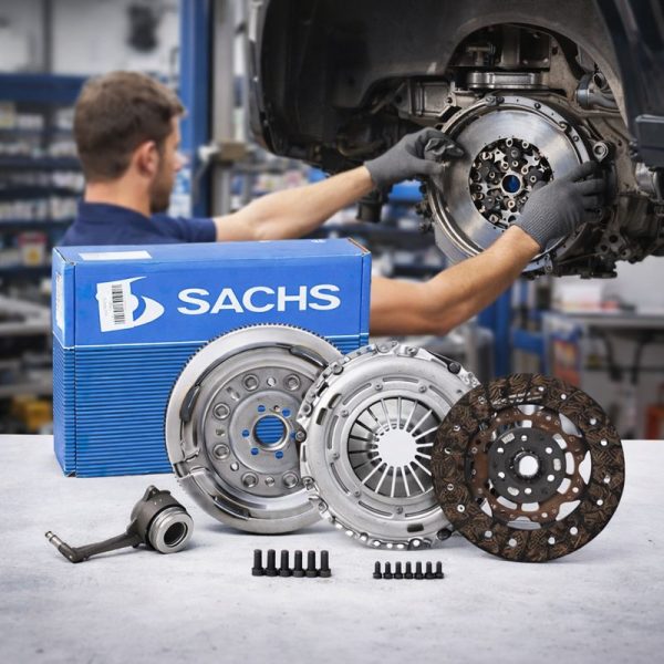 Kit de embrague SACHS con volante bimasa, disco y plato de presión, instalado por mecánico en taller profesional