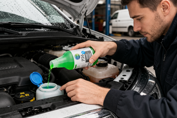 Aplicación de TUNAP 726 limpiaparabrisas anticongelante -20°C en depósito de coche en taller