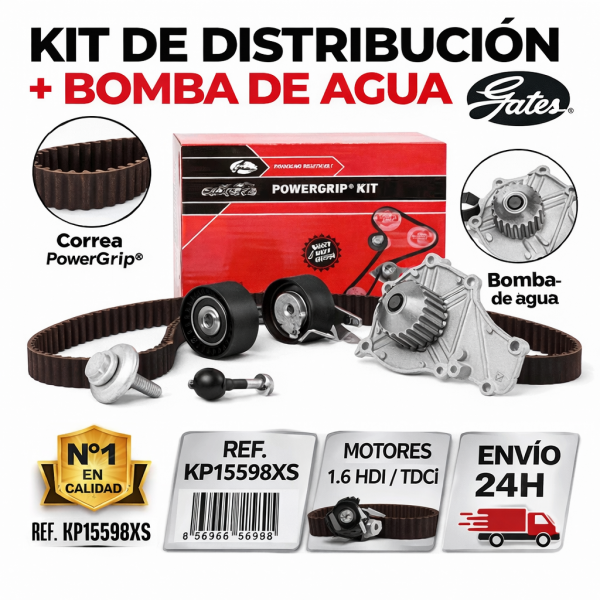 Kit de distribución con bomba de agua Gates KP15598XS para motores 1.6 HDI y 1.6 TDCi con correa PowerGrip y bomba de agua