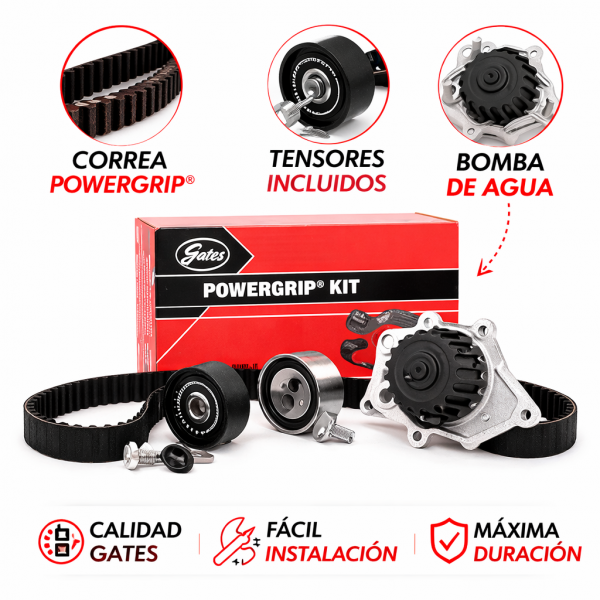 Componentes del kit de distribución Gates KP15598XS con correa PowerGrip tensores y bomba de agua