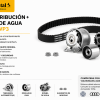 Infografía del kit de distribución ContiTech CT1028WP3 con bomba de agua, destacando calidad OE, durabilidad, fabricación en Europa y compatibilidad con vehículos Volkswagen, Audi, Seat y Skoda