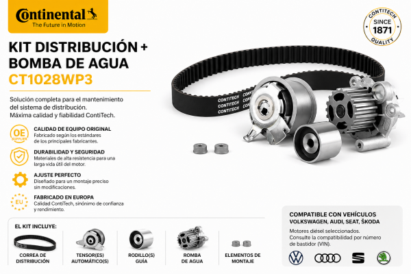 Infografía del kit de distribución ContiTech CT1028WP3 con bomba de agua, destacando calidad OE, durabilidad, fabricación en Europa y compatibilidad con vehículos Volkswagen, Audi, Seat y Skoda