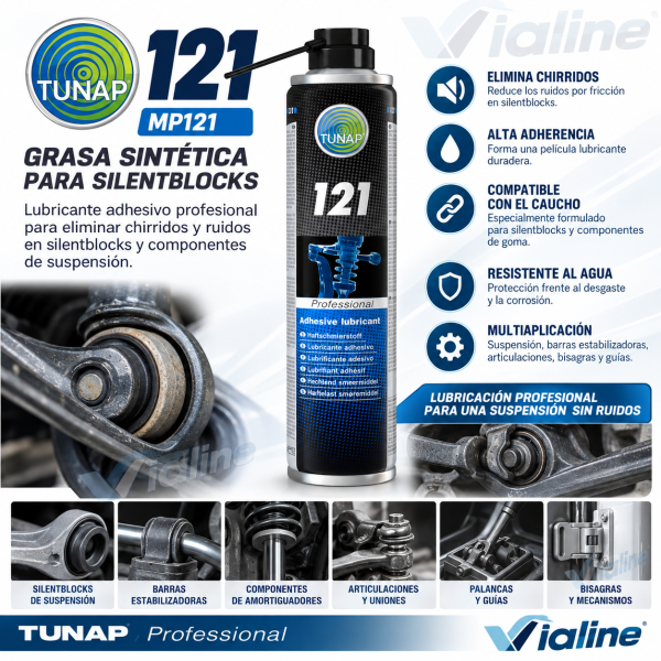 Infografía TUNAP 121 MP121 grasa sintética para silentblocks 400 ml con marca de agua Vialine, lubricante adhesivo profesional que elimina chirridos, protege el caucho y lubrica componentes de suspensión.