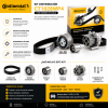 Infografía del kit distribución Continental CT1028WP4 con bomba de agua, mostrando componentes incluidos, beneficios, calidad OE y compatibilidad con motores diésel Volkswagen Audi Seat Skoda