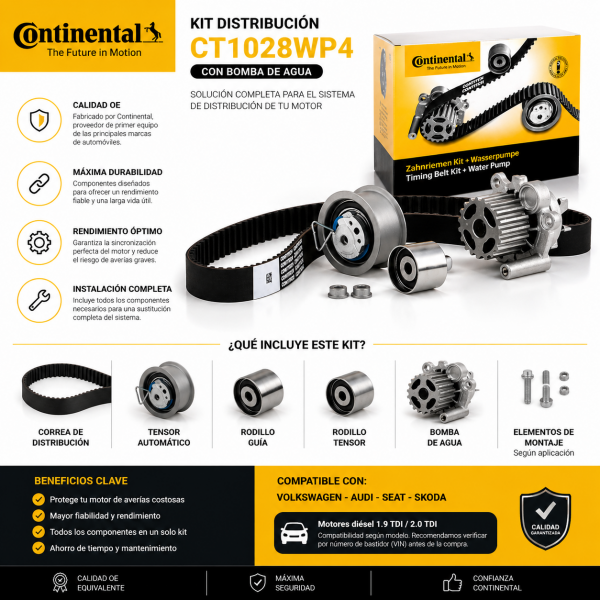 Infografía del kit distribución Continental CT1028WP4 con bomba de agua, mostrando componentes incluidos, beneficios, calidad OE y compatibilidad con motores diésel Volkswagen Audi Seat Skoda