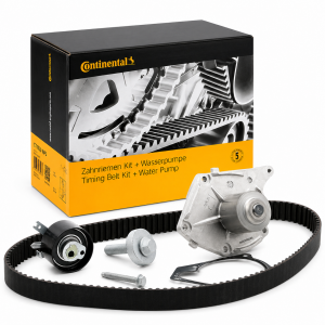 Kit de distribución Continental CT1035WP3 con bomba de agua, correa y tensores sobre fondo blanco