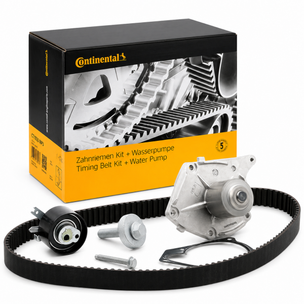 Kit de distribución Continental CT1035WP3 con bomba de agua, correa y tensores sobre fondo blanco