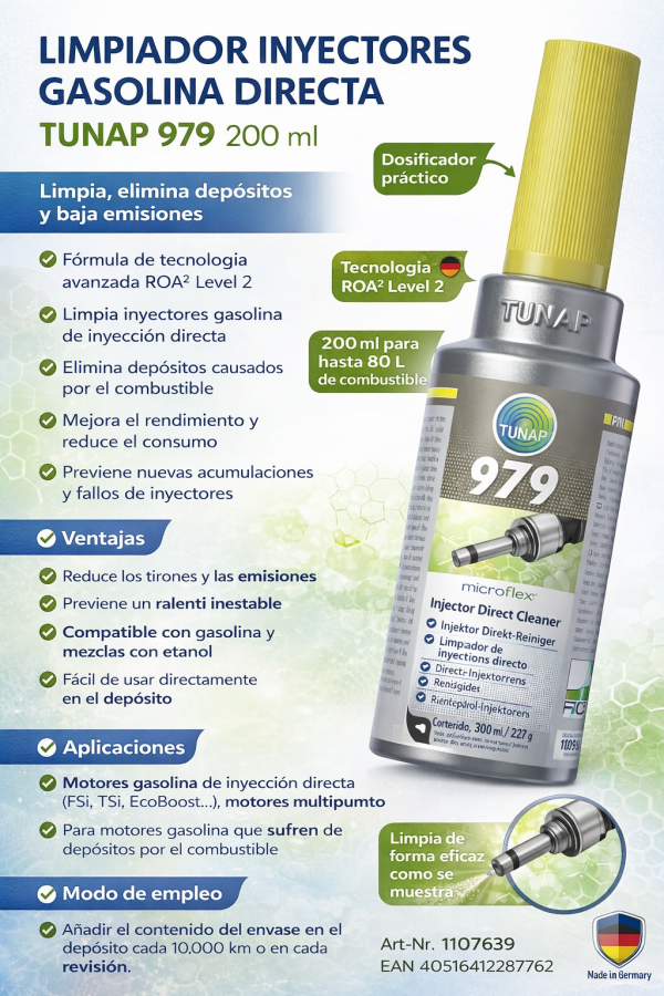 TUNAP 979 limpiador de inyectores gasolina directa con tecnología ROA2 Level 2 mejora rendimiento y reduce emisiones