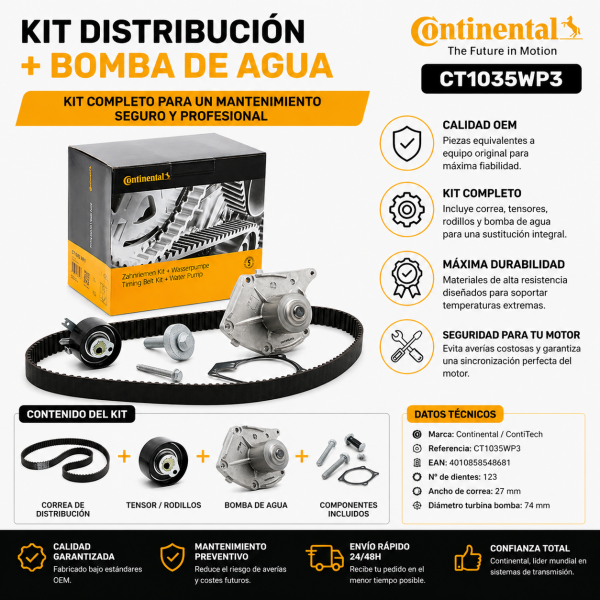 Infografía kit distribución Continental CT1035WP3 con bomba de agua, correa, tensores y datos técnicos OEM