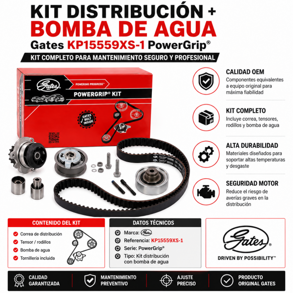 Infografía kit distribución Gates KP15559XS-1 PowerGrip con bomba de agua, componentes incluidos y ventajas OEM
