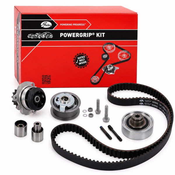 Kit distribución Gates KP15559XS-1 PowerGrip con bomba de agua, correa y tensores sobre fondo blanco