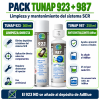 Infografía del pack TUNAP 923 + 987: limpieza directa del sistema SCR y prevención de cristales en AdBlue, con indicaciones de aplicación y dosificación.