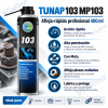 Infografía TUNAP 103 MP103 400 ml Vialine, aflojatodo profesional de acción rápida con MoS2 que penetra, lubrica y facilita el desmontaje de tornillos, tuercas y piezas oxidadas.