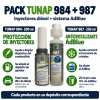 Infografía del pack TUNAP 984 + 987 con protección de inyectores diésel, prevención de cristales en AdBlue y dosificación de cada producto.