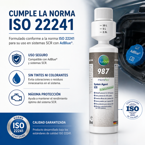 Vialine 987 anticristalizante AdBlue para sistemas SCR, conforme ISO 22241, sin tintes ni colorantes, ayuda a prevenir cristales de urea y mantener limpio el sistema AdBlue.