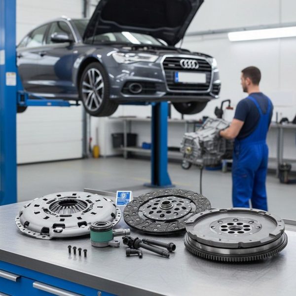 Mecánico instalando kit de embrague SACHS 2290 601 227 en un Audi en taller especializado.