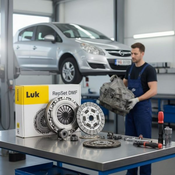 Mecánico profesional instalando kit de embrague y volante bimasa LuK en taller mecánico especializado.