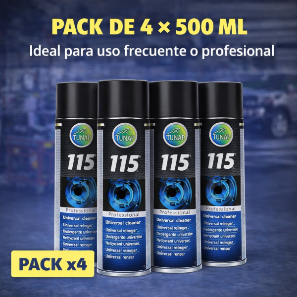 Lote de 4 unidades de spray desengrasante de frenos TUNAP 115 de 500ml para uso profesional en automoción