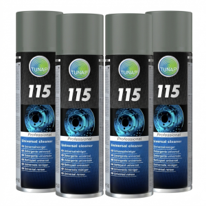Pack de 4 botes de limpiador de frenos TUNAP 115 Professional 500ml con fondo blanco para taller