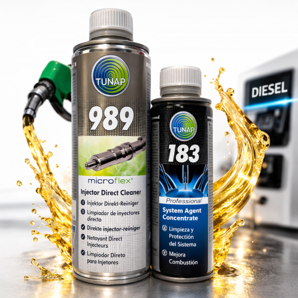 Pack Diésel TUNAP: Limpiador Inyectores 989 (500ml) + Mejora Emisiones/Agente de Sistema 183 (200ml)