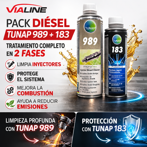 Pack Diésel TUNAP: Limpiador Inyectores 989 (500ml) + Mejora Emisiones/Agente de Sistema 183 (200ml)