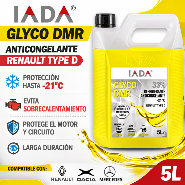Anticongelante Renault Type D IADA Glyco DMR 33% 5 litros refrigerante motor -21°C compatible Renault Dacia Mercedes