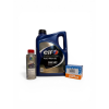 Kit de mantenimiento para motor: Aceite Elf Evolution Full-Tech FE 5W-30 de 5 litros, limpiador de motor Tunap 957 y filtro de aceite Purflux LS933 sobre fondo blanco