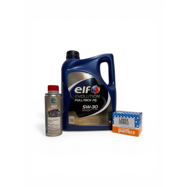 Kit de mantenimiento para motor: Aceite Elf Evolution Full-Tech FE 5W-30 de 5 litros, limpiador de motor Tunap 957 y filtro de aceite Purflux LS933 sobre fondo blanco