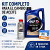 Kit de mantenimiento para motor: Aceite Elf Evolution Full-Tech FE 5W-30 de 5 litros, limpiador de motor Tunap 957 y filtro de aceite Purflux LS933 sobre fondo blanco