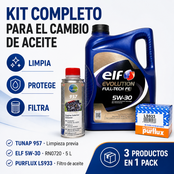 Kit de mantenimiento para motor: Aceite Elf Evolution Full-Tech FE 5W-30 de 5 litros, limpiador de motor Tunap 957 y filtro de aceite Purflux LS933 sobre fondo blanco