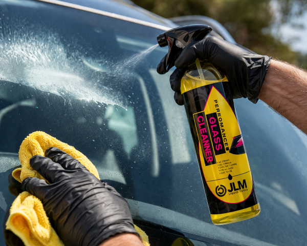 JLM limpiacristales coche aplicándose en parabrisas eliminando suciedad y huellas