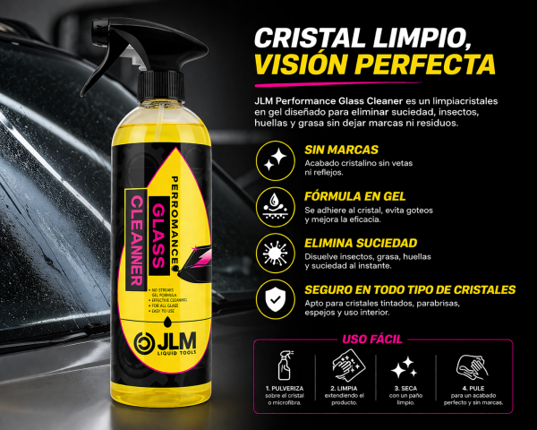 Infografía JLM Glass Cleaner 750 ml con beneficios limpieza sin marcas y fórmula gel antigoteo
