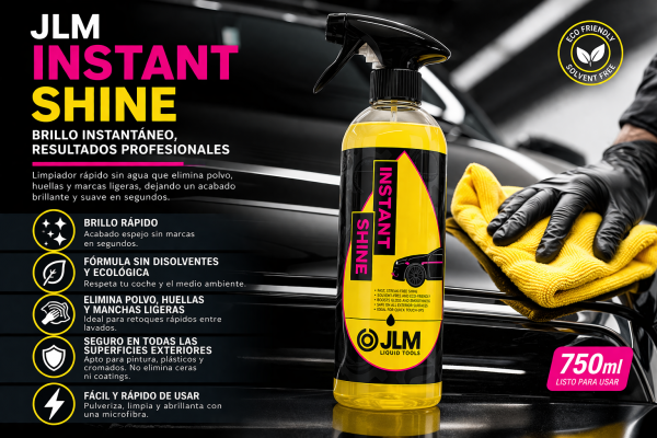 JLM Instant Shine 750 ml limpiador rápido coche con microfibra aplicando brillo sin agua