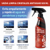 Infografía IADA limpia cristales antivaho 500 ml con beneficios: evita empañamiento, efecto antilluvia, limpieza sin marcas y uso en parabrisas, espejos y cristales del hogar