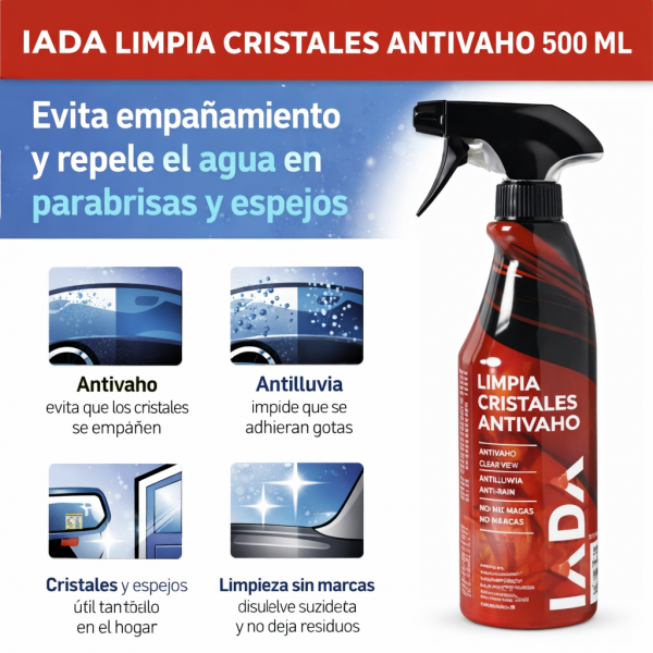 Infografía IADA limpia cristales antivaho 500 ml con beneficios: evita empañamiento, efecto antilluvia, limpieza sin marcas y uso en parabrisas, espejos y cristales del hogar