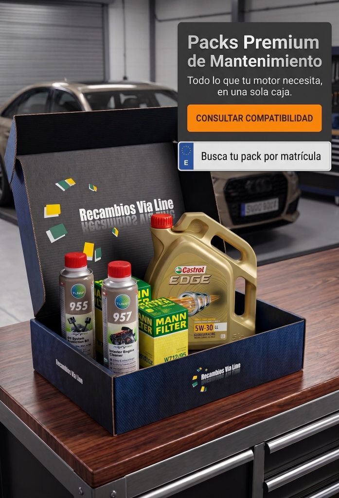 Pack Premium de mantenimiento de Recambios Via Line en una caja con Tunap 955, Tunap 957, aceite Castrol Edge y filtros Mann. Incluye buscador de recambios por matrícula.
